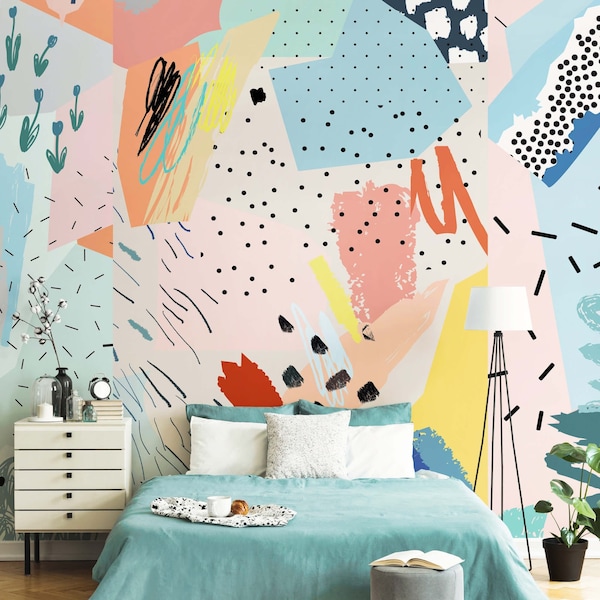Colorful Geometric Wall Mural, Abstract Floral wallpaper, Abstract Brush Strokes Wallpaper Mural, Gift for Mom, Wallpaper for Kids Room
