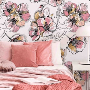 Pastel Cherry Blossom Flowers Removable Wallpaper, White and Pink Peel and Stick Floral Wall Mural, Modern Botanical Wallpapers for Bedroom
