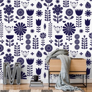 Blue floral wallpaper Perfect Accent wallpaper Vintage wallpaper for kitchen Blue Retro wallpaper Peel and Stick wallpaper vintage kitchen