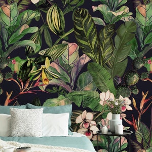 Watercolor Jungle Wallpaper for Bedroom Decor, Lush Green Leaves Botanical Wall Art, Tropical Wall Mural with Black Background, Removable