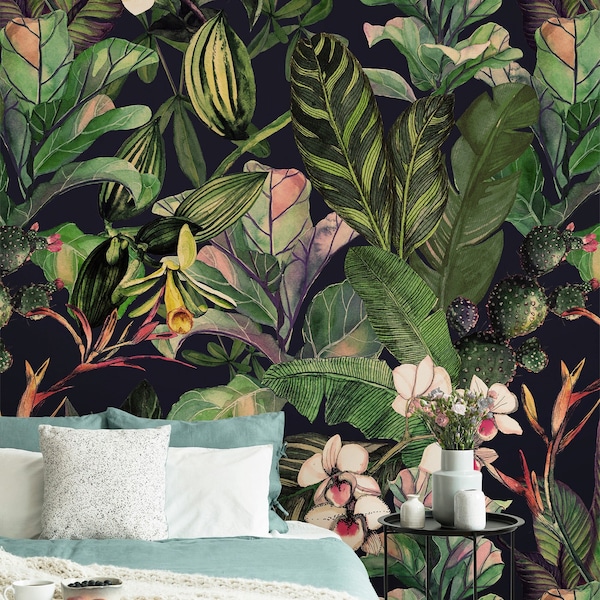 Tropical Jungle Peel Stick Wallpaper, Green Tropical Wallpaper, Gift For Mom, Dark Botanical Wallpaper, Jungle Wallpaper Mural, Room Decor