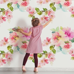 Pink Floral Peel and Stick Wallpaper for Girls Room, Nursery Wallpaper, Vinyl Wildflower Mural Wallpaper, Self Adhesive Botanical Wallpaper