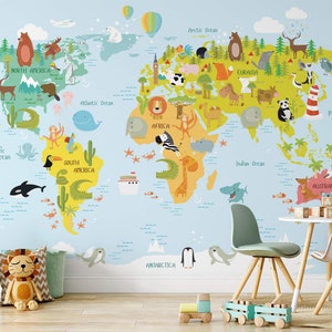 Kids world map wallpaper, Light blue wallpaper baby, Nursery wallpaper, Kids world map mural, Animal wallpaper, World map kids room