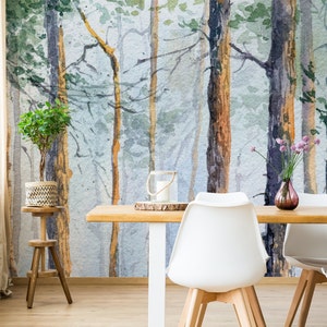 Misty Forest Wallpaper, Watercolor Painting Forest Wall Cover, Peel and Stick Forest Wallpaper, Large Wall Mural, Birch Trees Wall Decor