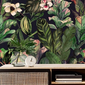 Jungle Wallpaper, Dark Tropical Wallpaper, Exotic Botanical Wallpaper, Floral Wallpaper, Leaf Peel and Stick Wallpaper, Nature Wall Decor