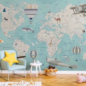 Wall Art, Light Blue Wallpaper for Baby, Kids World Map Peel and Stick, Boy Nursery Wallpaper, World Map Play Room Wallpaper, Room Decor