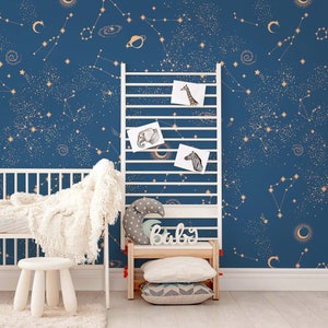 Removable Constellation Nursery Wallpaper, Neutral Stars Peel and Stick Wallpaper, Stars Wallpaper Mural, Wall Decor, Toddler Room Decor