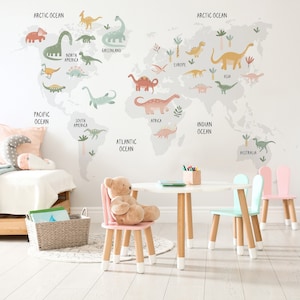 World Map Kid's Wallpaper with Dinosaurs, Peel and Stick Wallpaper, Removable Wallpaper, Nursery Educative Wallpaper, Self Adhesive Wall Art