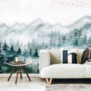 Forest wall mural, Pine Trees Wallpaper, Bathroom wallpaper, Peel and Stick Wall, Landscape Wall Mural, Panoramic wallpaper