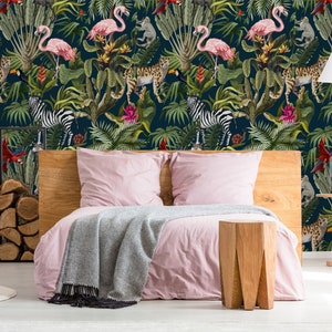 Peel and stick wallpaper, Tropical wallpaper, Removable jungle wallpaper, Jungle wallpaper, Temporary waterproof wallpaper, Jungle animals