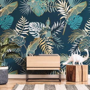 Tropical Leaves Wallpaper, Peel and Stick Removable Wallpaper, Modern Tropical Wallpaper, Renter Wallpaper for Bedroom Decor, Self-Adhesive