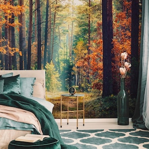 Forest Wall Mural Wallpaper, Autumn Forest Removable Wallpaper, Tree Peel Stick Wallpaper, Tranquil Nature Wallpaper, Watercolor Wallpaper