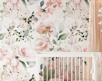 Floral Rose Wallpaper, Pink Flower Baby Room Wallpaper, Light Pink Roses Wallpaper, Vintage Rose & Peony Wall Mural Wallpaper, Room Decor