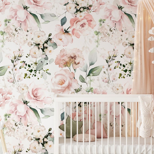 Floral Rose Wallpaper, Pink Flower Baby Room Wallpaper, Light Pink Roses Wallpaper, Vintage Rose & Peony Wall Mural Wallpaper, Room Decor