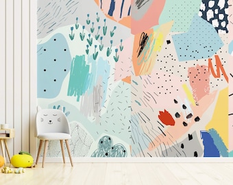 Bold and Colorful Peel and Stick Wallpaper, Funky Mural, Kids Room Decor, Kids wallpaper Peel and Stick, Bright wallpaper