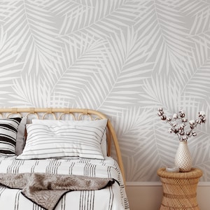 Minimal Modern Wallpaper Mural, Neutral Palm Frond Wallpaper, Grey Leaf Peel & Stick Wallpaper, Self-Adhesive Removable Wallpaper, Wall Art