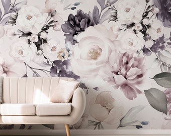 Purple Floral Wallpaper, Vintage Large Floral Wallpaper, Peony Floral Wallpaper, Watercolor Wallpaper Mural Floral, Peel & Stick Wallpaper