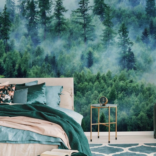 Foggy Forest Landscape Removable Wallpaper Reusable Wall Etsy