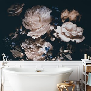 Bold moody wallpaper, Dark moody Peel and Stick wallpaper, 3d mural wallpaper, Beautiful Floral wall mural, Peony and Rose wallpaper