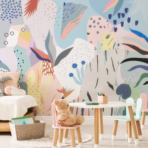 Modern Abstract Wall Mural, Colorful Abstract Shapes Art Wallpaper for Girl’s Room, Colorful Art Wallpaper, Boho Peel and Stick Wallpaper