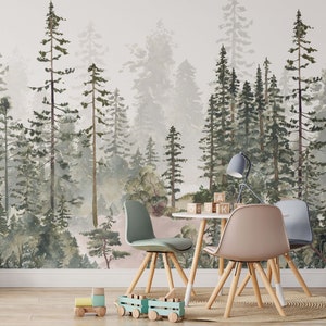 Whimsical Forest Landscape Wallpaper for Living Room Decor, Watercolor Misty Pine Tree Wall Art, Peel and Stick Wallpaper, Vinyl Wallpaper