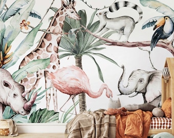 Safari Wallpaper for Children, Nursery  Wall Decor with Animals, Kids Wall Mural, Giraffe, Elephant Watercolor Wallpaper, Jungle Wall Decor