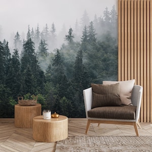 Forest wallpaper peel and stick, Foggy forest wallpaper mural, Pine mystical forest wallpaper, Green nature wallpaper, Landscape wallpaper