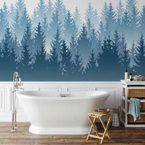 Forest Snow Peel and Stick Wallpaper, Colorful Bathroom Wallpaper, Botanical Forest Wall Art, Mural Wallpaper for Living Room, Wall Art
