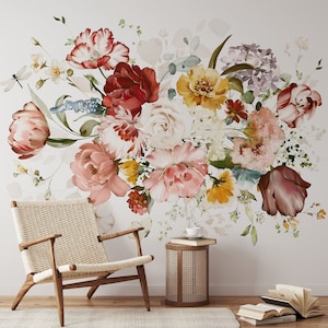 Boho Chic Floral Wallpaper, Bohemian Style Peel and Stick Wallpaper, Floral wall mural, Bouquet Floral Watercolor Wallpaper