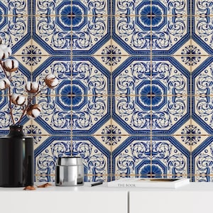 Blue and White Tile Wallpaper Mural, Mediterranean Peel and Stick Wallpaper, Ceramic Tile Wall Decal, Moroccan Style Kitchen Wallpaper