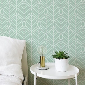 Pale Green Wallpaper, Minimal Modern Green Pattern Wallpaper, Geometric Peel and Stick Wallpaper, Art Deco Leaf Wallpaper, Neutral Wallpaper