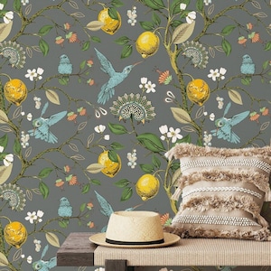 Lemon Tree and Hummingbird Chinoiserie Wallpaper, Birds on Grey Wall Art, Self Adhesive Removable Mural Wallpaper, Botanical Wall Decal