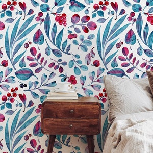 Scandinavian removable wallpaper, Floral Bold wallpaper, Colorful Nature wallpaper, Teal bright wallpaper Peel and Stick Wallpaper