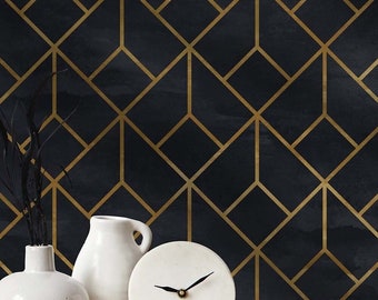 Black Gold Removable Wall Paper, Geometric Wall Paper Mural, Black and Gold Wallpaper Peel and Stick, Black Geometric Wallpaper Temporary