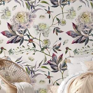 Lavender Botanical Wallpaper for Home Decor, Removable Peel and Stick Wallpaper, Pink and Green Floral Wallpaper, Watercolor Wall Art