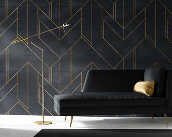 Black Gold Geometric Wallpaper Art Deco Peel and Stick Removable Wall Decor
