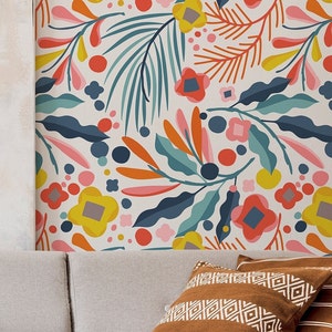 Scandinavian Floral Wallpaper, Bold and Geometric Bathroom Wallpaper, Colorful Wallpaper, Bedroom Peel Stick Wallpaper, Botanical Wallpaper