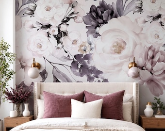 Purple Peony Watercolor Floral Wallpaper Removable Botanical Wall Mural Peel and Stick