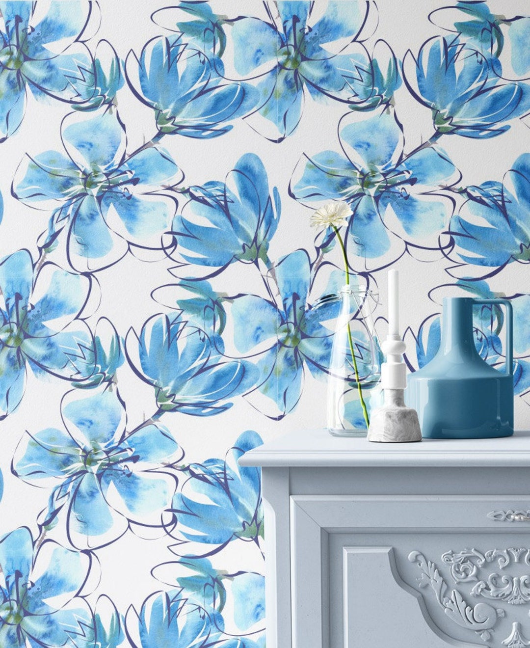 Floral Peel Stick Wallpaper, Blue Flowers Bathroom & Living Room Wall