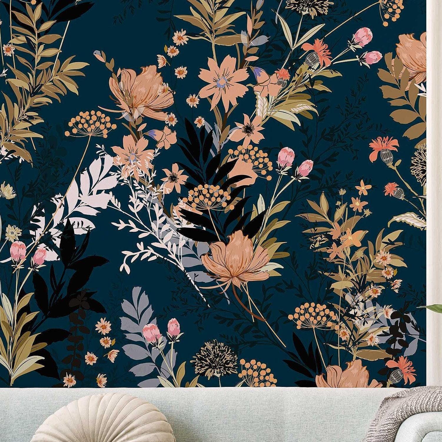 Floral Wallpaper Removable Peel and Stick Dark Navy Botanical Wall ...