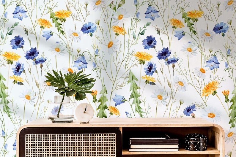Spring Wildflower Peel and Stick Wallpaper Watercolor Yellow - Etsy