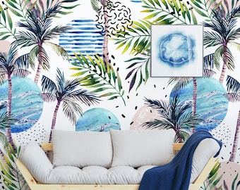 Watercolor Palm Tree Wallpaper: Tropical Beach Peel and Stick Mural (Living Room)