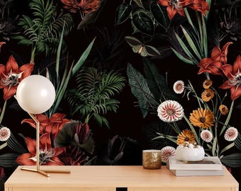 Dark Botanical Floral Peel and Stick Removable Wallpaper for Living Room