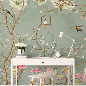 White Flowers Chinoiserie Wallpaper, Vintage Floral Green Self Adhesive Removable Wallpaper,3D Wallpaper, Smooth & Canvas Wall Covering