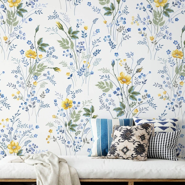 Flower Wallpaper Mural, Petite Yellow Flower Peel And Stick Wallpaper, Floral Wallpaper, Wildflower Wallpaper, Sunflower Wallpaper