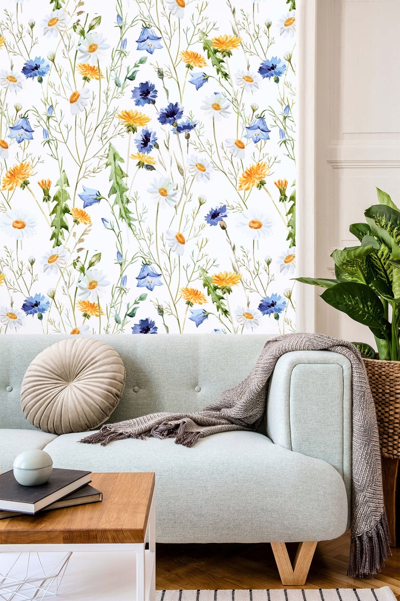 Spring Wildflower Peel and Stick Wallpaper Watercolor Yellow - Etsy