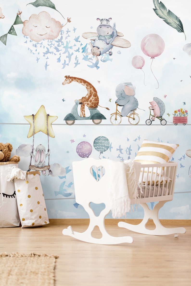 Nursery Wallpaper With Clouds and Animals Removable Wallpaper Etsy