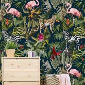 Peel and Stick Self Adhesive Wallpaper, Watercolor Jungle Wallpaper for Nursery Decor, Zebra & Flamingo Tropical Wall Art, Forest Wallpaper