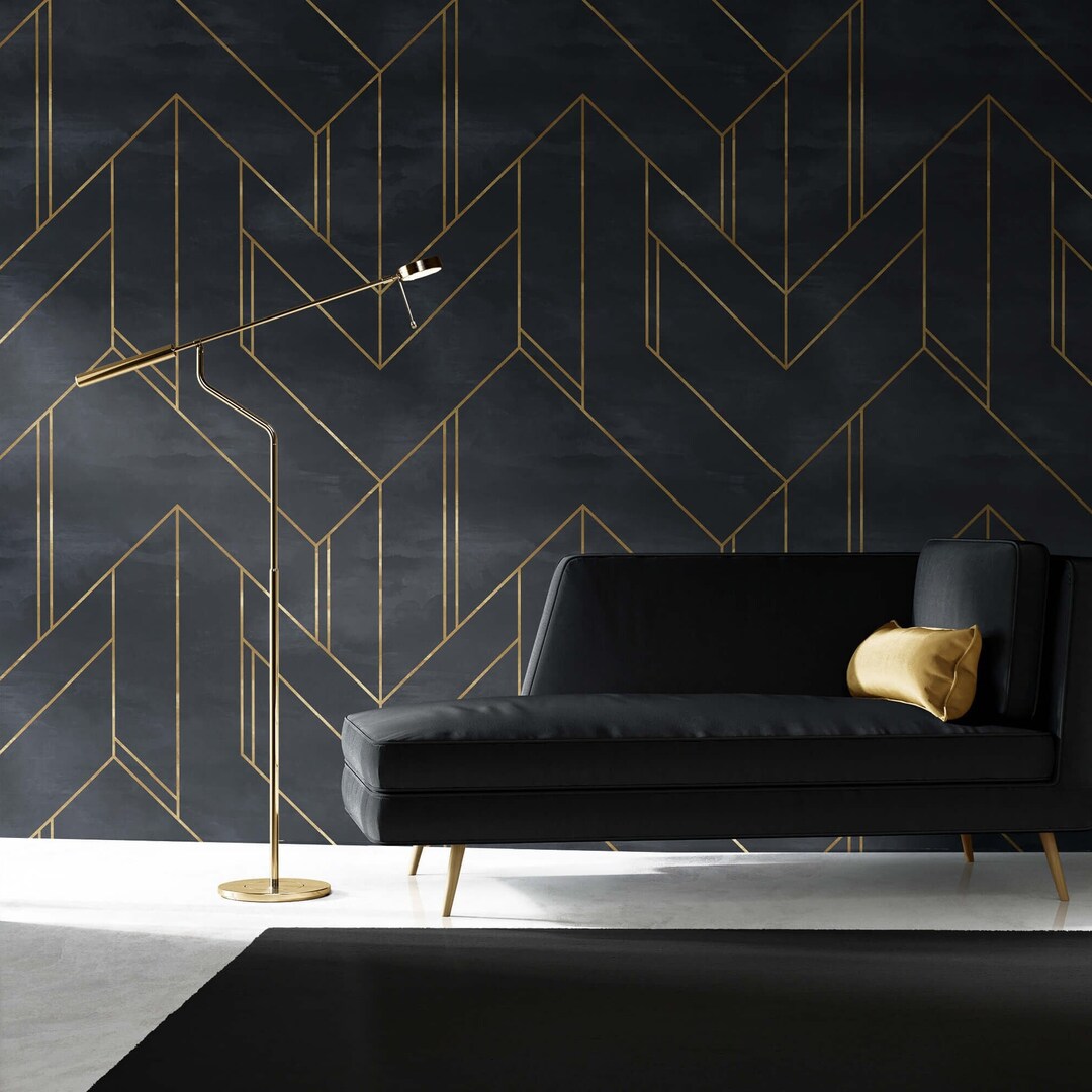 Black and Gold Geometric Wallpaper, Art Deco Wallpaper, Gold Line ...