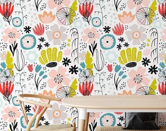 Distressed Floral Art Deco Wallpaper Teal Cream Peel and Stick Bathroom Decor